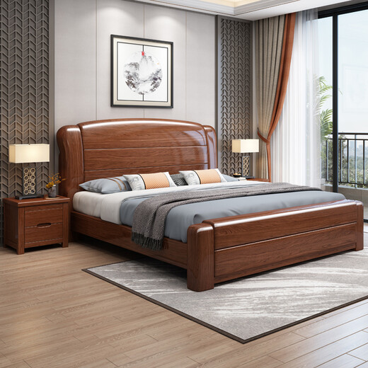 Maiyayue bed walnut solid wood bed double bed Chinese modern minimalist wedding bed large bed light luxury master bed furniture walnut bed 1500*2000mm frame style