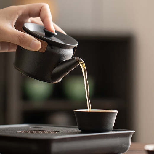 
BEYZK small tea plate two people Kung Fu small tea set home simple modern SN3886 Black pottery well railing one pot and two cups imitation black gold small long plate