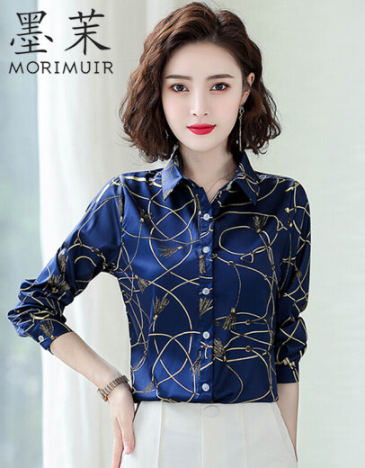 Momo 2021 spring and summer new style shirt women's long-sleeved printed chiffon Korean version loose large size women's elegant business wear versatile temperament slim satin breathable blue - long-sleeved S (within 95Jin [Jin equals 0.5 kg])