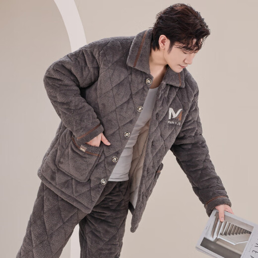 未萱大码湖南省服睡衣加绒加厚棉男士冬季三层夹棉袄法兰珊瑚绒 M6683 深棕色M6627 3层xL[95-120斤]三层加厚 均码