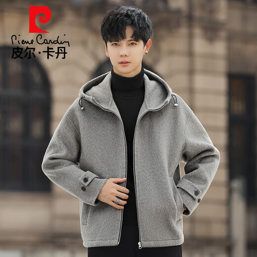 皮尔卡丹羊毛呢外套男士2024新款秋冬季加厚双面羊毛休闲连帽短款呢子夹克 灰褐色 XL 180