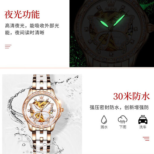 欧利时（OLEVS）瑞士认证手表女士全自动机械表夜光防水镂空女表潮流时尚女士手表 OLEVS6622女红皮白面免费刻字