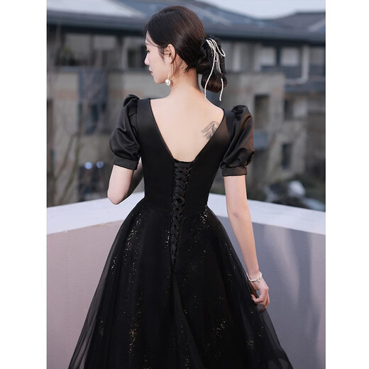 Seidlers schwarzes Abendkleid für Frauen Banketttemperament leichte Luxus Nische High-End-Geburtstag Erwachsenen Geschenkkleid Schwarz S (Empfohlen 86-95 Jin [Jin gleich 0,5 kg])