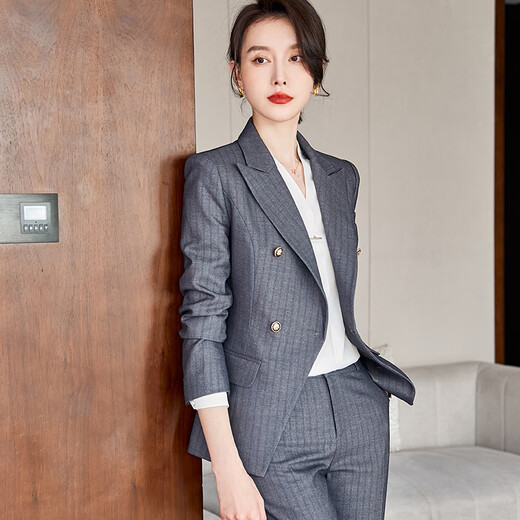 Sugargirl gray high-end professional small suit suit female new work clothes teacher interview suit jacket workwear spring and autumn gray striped long-sleeved suit + pants XL