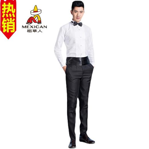稻草人 男士演出礼服衬衫舞台表演红歌大合唱团男长袖白色修身衬衣伴郎 白色 长袖+领结 43