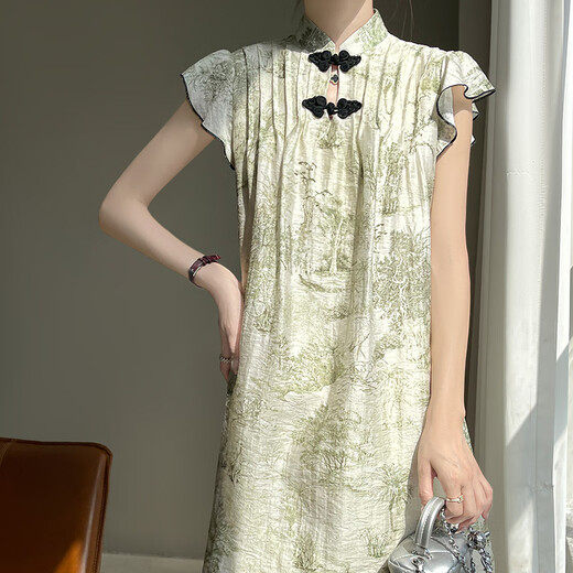 Li Yinu (LISLAVE) 2025 summer new Chinese style cheongsam short-sleeved dress with ladies' temperament loose slim and buckle new Chinese skirt Green JRP692 M