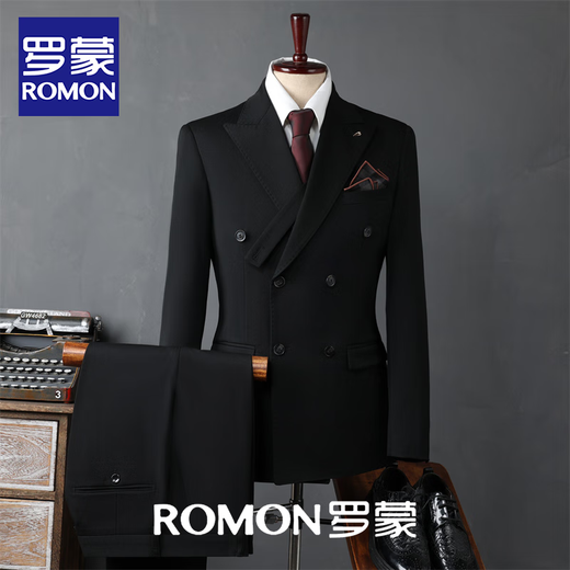 ROMON autumn new suit men's British style double-breasted business casual suit three-piece groom's wedding dress black (suit + pants + vest) 2XL (height 170-175\weight 150-165Jin Jin equals 0.5 kg)