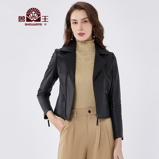 兽王真皮皮衣女 机车款绵羊皮女士皮衣秋冬薄款外套海宁皮衣短款防风 黑色 40
