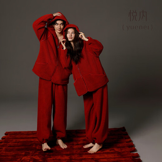 Yuenei Red Pajamas Wedding Newlywed Couple Set Autumn and Winter Women's Thickened Coral Velvet Home Clothes Men's Zodiac Year 24400 Retro Red Women's L (Male 110-140 Jin Jin equals 0.5 kg / Female 110-120 Jin Jin equals 0.5 kg)