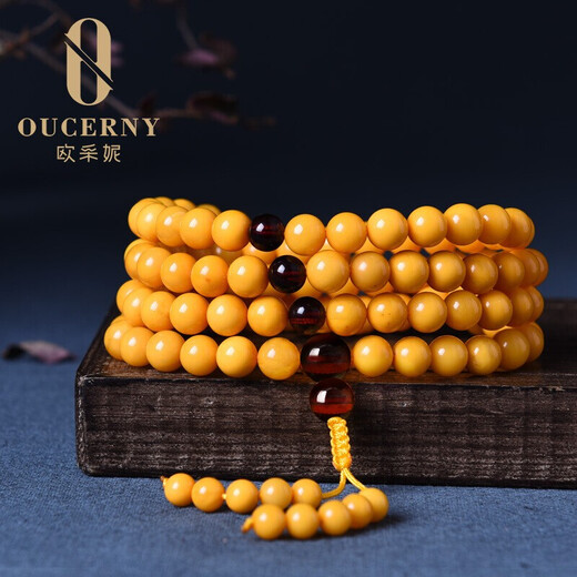 Ouchini Beeswax Bracelet 108 Natural Amber Old Beeswax Bracelet Women's Bracelet Sweater Chain Men's Chinese Valentine's Day Gift 6-6.5mm 17-19 Wrist Three Circles