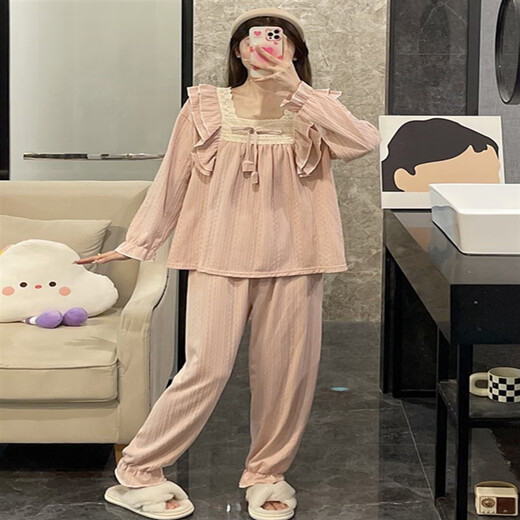 TULX Pure Princess Style Long Sleeve Pajamas Women's Spring and Autumn Cotton 2023 New Pink Lace Autumn and Winter Home Clothing 9904# Gray Blue (Double-length) L 100-120Jin[Jin equals 0.5 kg][High-quality cotton]