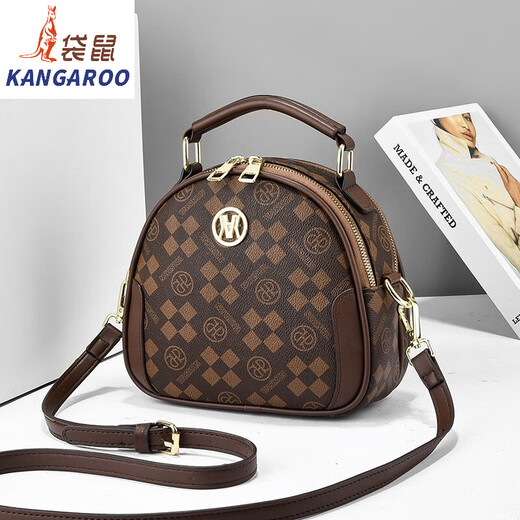 袋鼠（KANGAROO）高品质女包包2024新款印花百搭时尚小圆包单肩斜挎手提包包女 方块料-米白