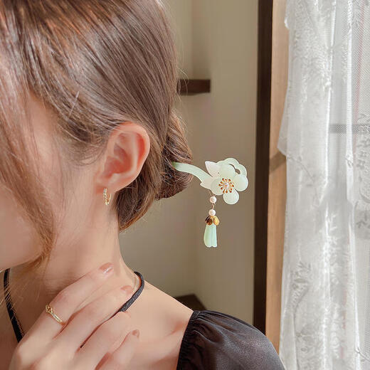 Wanbaozi ancient style tassel imitation jade hairpin plate plate hair new Chinese Hanfu finely carved headwear daily hair extensions ancient costume hairpins for women picture style