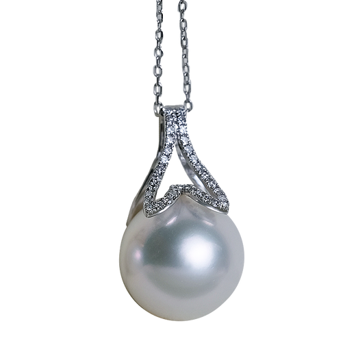 V&C 18K Diamond Australian White Pearl Pendant South Sea Seawater White Pearl Necklace Perfect Round Flawless Cold Light 18K White + Diamond (Excluding Chain) 12-12.9MM