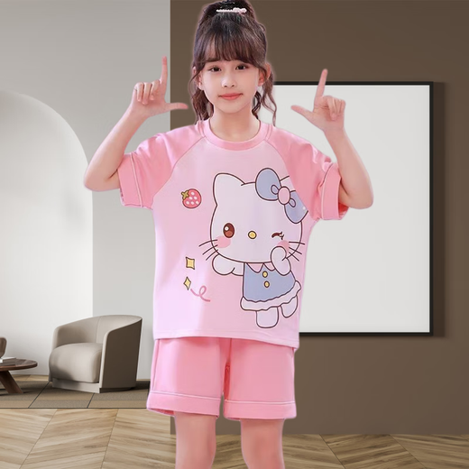 Yingge Ballade Kinderpyjamas Mädchen Sommer reines Baumwoll Kurzarm Dünne Cartoon Medium Big Children Girl Prinzessin Sommer Home Kleidungsstück Set 100% Baumwollmädchen Pyjamas 6621 [Kt Cat] 130 -140 hohe -14 -Codes [45-55jin [Jin gleich 0,5 kg]]