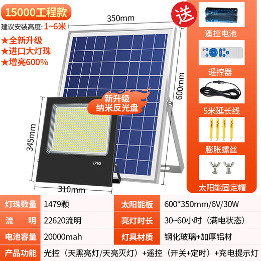 Xieechen 2025 Neue Solar im Freien Innenhof Lichter Haushalt Rural Street Lights Outdoor wasserdichte Beleuchtung LED -Projektor 15000 Projektzahlung 1479 Perlenradius 600 Quadratmeter