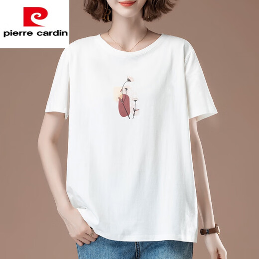皮尔卡丹（pierre cardin）中年夏装短袖t恤女纯,棉薄款尺码宽松休闲胖m显瘦百搭上 白色【9896款】棉95%氨纶5% L 100-115斤