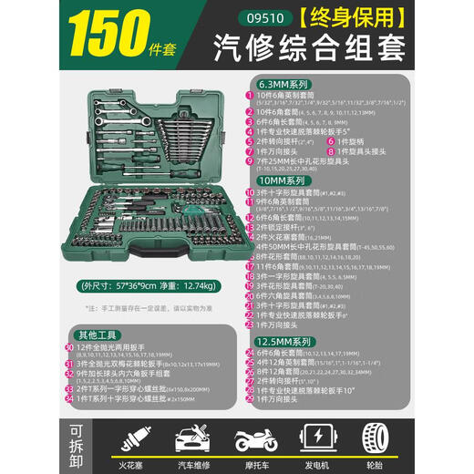 Shida (SATA) 150-piece socket combination set, small fly, medium fly, big fly, auto repair ratchet wrench, complete set for car 09510 09510 comprehensive auto repair set