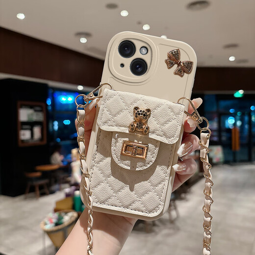 罗璐鸥苹果15手机壳斜挎挂绳外壳iPhone15 Plus链条背带硅胶壳保护套斜跨菱格零钱卡包防摔全包软壳女款 【黑色-菱格小熊卡包款】+斜挎挂绳+全屏钢化膜 苹果15