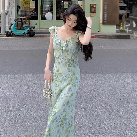 妙奕嘉法式碎花吊带连衣裙女纯欲裙子夏天新款显瘦收腰长裙气质沙滩裙 胸前交叉荷叶边吊带连衣裙 L 【建议120斤以内】