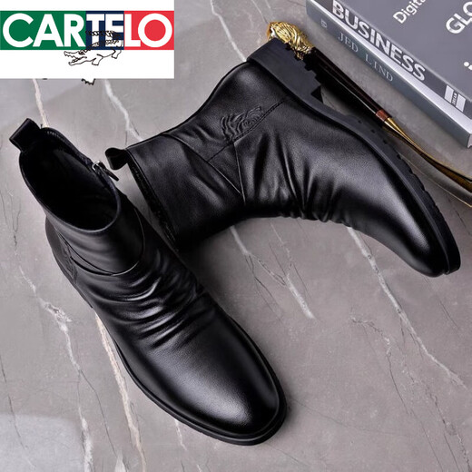 
Cartire Crocodile Leather Chelsea Boots Men's Low Top Retro Young Side Zipper British Style Martin Boots Mid Top Winter Boots Plus Fleece Black Plus Fleece 42