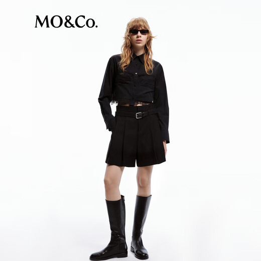MO&Co. Casual Pants Spring and Autumn Sheep Wool Worsted Mid-Low Rise Loose A-line Pleated Black Shorts (With Belt) Black L