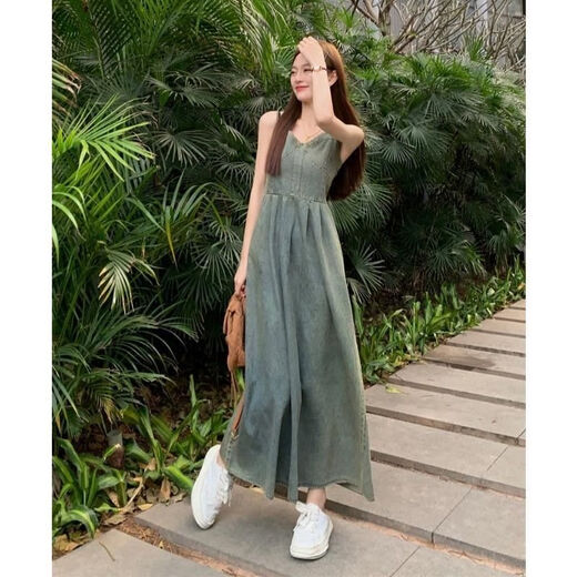 AJEFEFAT牛仔连衣裙女2024夏季新款高级感感做旧质感级吊带裙mm修身A字直 蓝色833 2XL 【建议135至150斤