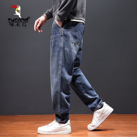 Woodpecker (TUCANO) trendy jeans men's autumn and winter 2025 new straight loose plus size casual small foot long pants Harem pants RYD1-1017 blue 31 (waist circumference two feet four)