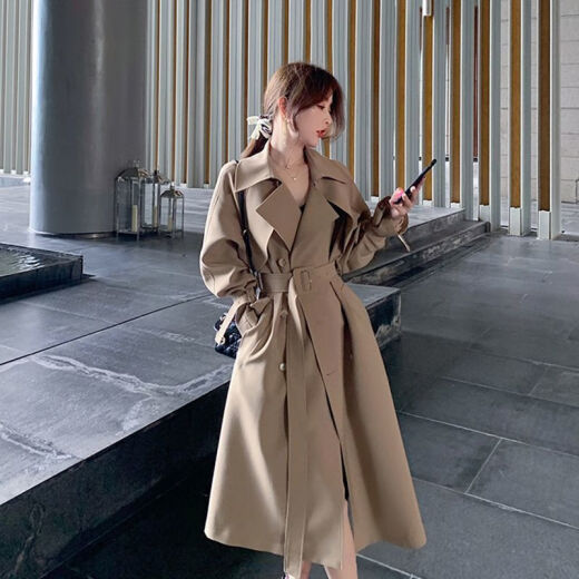 acmmng2024 spring and autumn Korean style new mid-length over-the-knee windbreaker for women British style foreign style small coat coat trendy light khaki L recommended 125-140Jin [Jin equals 0.5 kg]