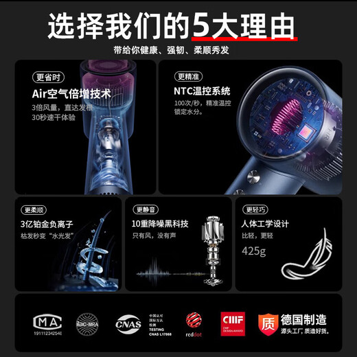 National 3C certification丨4.5 billion negative ion hair care leafless high-speed hair dryer for hair home hair care high-power non-harming hair dryer constant temperature hair dryer Huaqiangbei Classic Mori powder billion-level moisturizing negative ion constant temperature hair care丨quick drying 2025 new style丨top version 1 1 version 1.8 meter long gift box