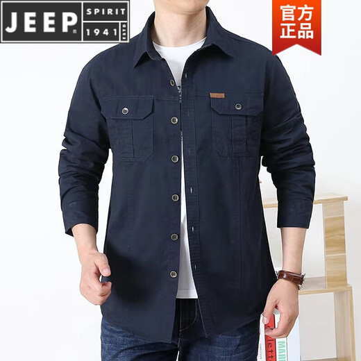 Jeep Spirit Frühling und Herbst reines Baumwoll-Langarm-Hemd Herren lässig große Größe Lose mehrfach Arbeit Solid Color Business Shirt Herren Trend 6621 Dunkelblau L.