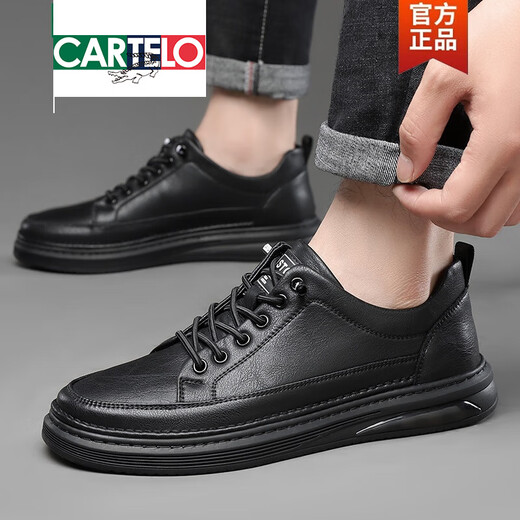 卡帝乐鳄鱼（CARTELO）男鞋新款2025秋季潮流软底百搭运动板鞋休闲透气皮鞋男真皮男款 黑色【四季款】DCR-6623 42