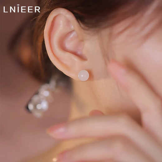 LnieerS925 Silver Hetian Jade Earrings for Ear Hole Earrings Women's High-end 2025 New Trendy Sleeping Needless to Pick Small Hetian White Jade Silver Earrings