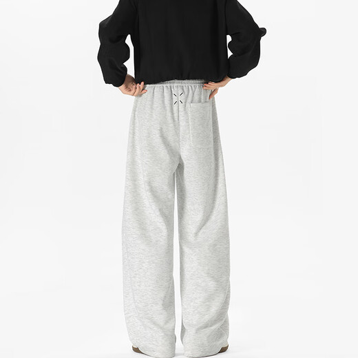 Homlean American drape casual pants for men in spring and summer straight loose scimitar long pants JC01 white flower gray L