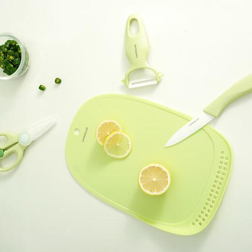 Verriegelungsschloss (Schloss/Verriegelung) Babynahrungsergänzungsmesser Set Baby Kinderkochwerkzeuge Schneidebrett Keramikschere Hobel Keramikmesser 4-teiliger Set