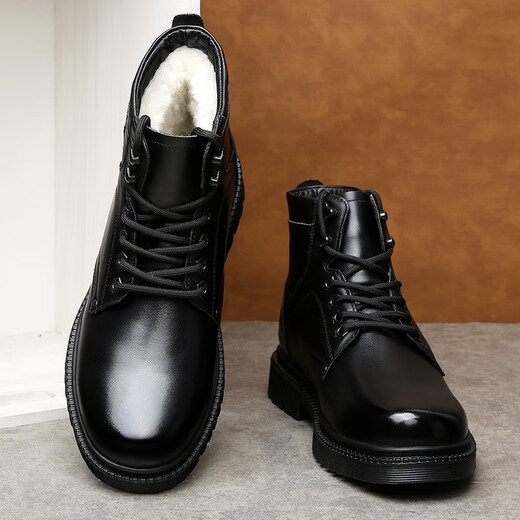 
TOP GLORIA Martin boots men's genuine leather military hook cruiser wool cotton boots winter warm plus velvet men's shoes cowhide casual snow boots 3519 black (wool) 38