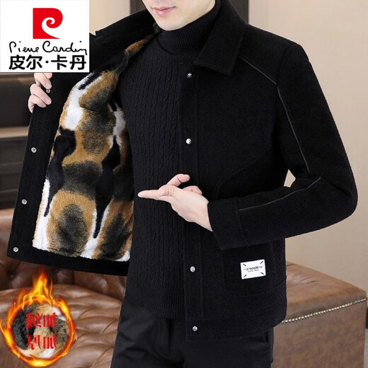 Pierre Cardin winter warm velvet thickened woolen coat men's lapel slim jacket men's short casual woolen 7365# coffee color thickened velvet L 110-130