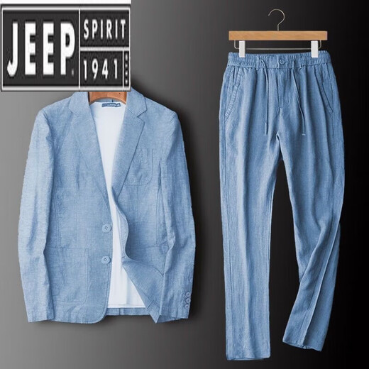 JEEP SPIRIT linen suit suit men's spring and autumn cotton and linen suit suit men's two-piece summer thin top and pants set Navy blue L 140-160Jin Jin equals 0.5 kg