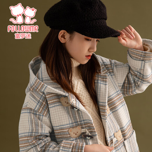 Fuluo Mi Girls' Woolen Coat Winter Padded Warm Children's Horn Button Hooded Jacket Apricot Check 150cm