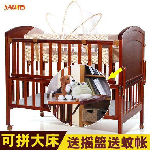 Clcey Small Master Crib Multifunktionales massives Holz Kinderbett Cradle Baby Bett Neugeborene BB Bett Cradle und Erwachsene Bett Krippe + braune Matte + 4-teilige Set Little Fuchs Weiß
