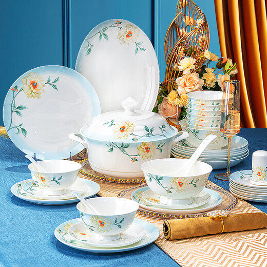 Guoyue Bone porcelain tableware set for home use new Chinese-style bowl and dish set for ceramic bowl and utensils microwave glaze colored bowl and plate combination, simple brocade flower with breakfast cup, gift box set, 62-piece set