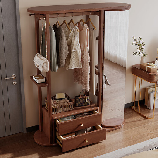 福岚实木衣帽架全身镜一体家用可旋转穿衣镜落地挂衣架卧室收纳置物架 胡桃色（送货上门包安装）