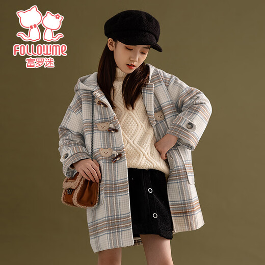 Fuluo Mi Girls' Woolen Coat Winter Padded Warm Children's Horn Button Hooded Jacket Apricot Check 150cm