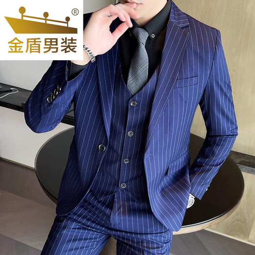 金盾（JINDUN）西装男套装春秋休闲条纹西服修身韩版商务正装新郎结婚礼服高品质 条纹藏青:西服+西裤+马甲+送衬衫 L:110-117斤