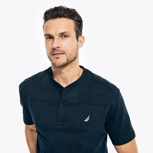 NAUTICA Men's Short-Sleeved Henley Shirt Pure Cotton Comfortable Breathable Buttoned Round Neck Loose Casual Style Elegant Trendy Men Angel Blue XS