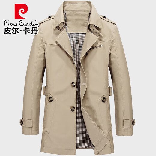 Pierre Cardin spring and autumn men's windbreaker mid-length lapel coat men's coat large size cloak new work wear casual light khaki XL