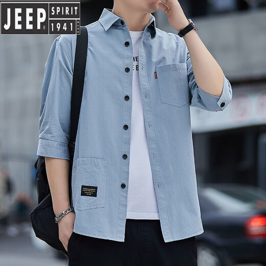 JEEP SPIRIT高档纯棉免烫夏季衬衫男士宽松版七分袖衬衣工装中袖外套休闲百搭 高质量纯棉料七分袖5008(浅蓝色) L 115斤-135斤