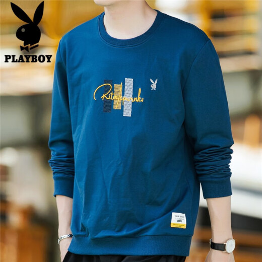 Playboy Sweater Men's 2021 Autumn Loose Korean Style Trendy Long Sleeve Men's Printed Round Neck Versatile Sweater Comfortable Breathable Top Dark Blue XL