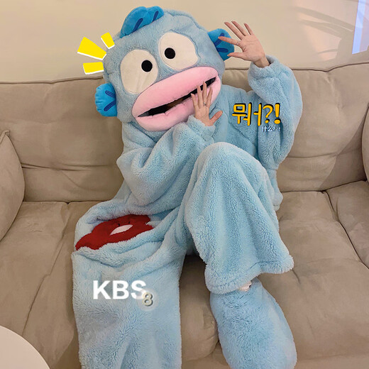 Hanton Ugly Fish Cute and Funny One-piece Couple Pajamas Women's Autumn and Winter Thickened Coral Fleece Hooded Men's Home Clothes Clown Fish One-piece XL 170-175CM