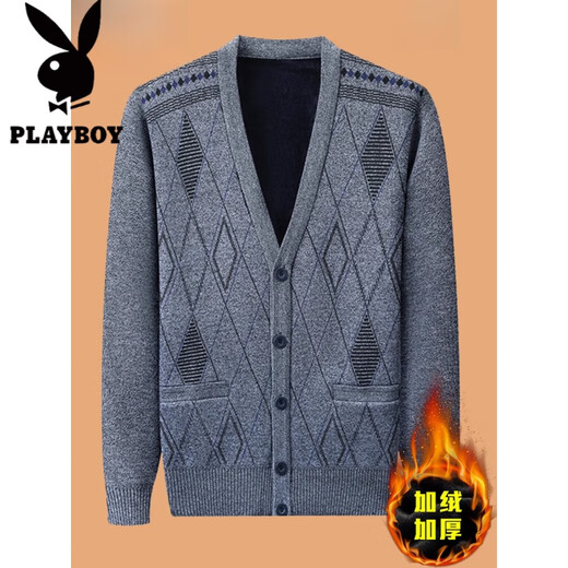 Playboy (PLAYBOY) velvet thickened knitted cardigan V-neck men's winter business casual cardigan sweater jacket dad outfit 3126 dark gray velvet thickened XL (recommended 120-150Jin Jin equals 0.5 kg)